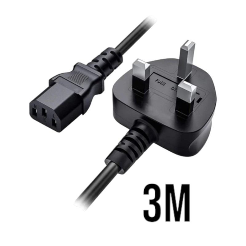 3m Power Cable UK plug to IEC C13 Connector